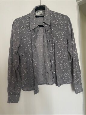 Semi-Sheer Leaf Print Button-Up Blouse in Gray and White